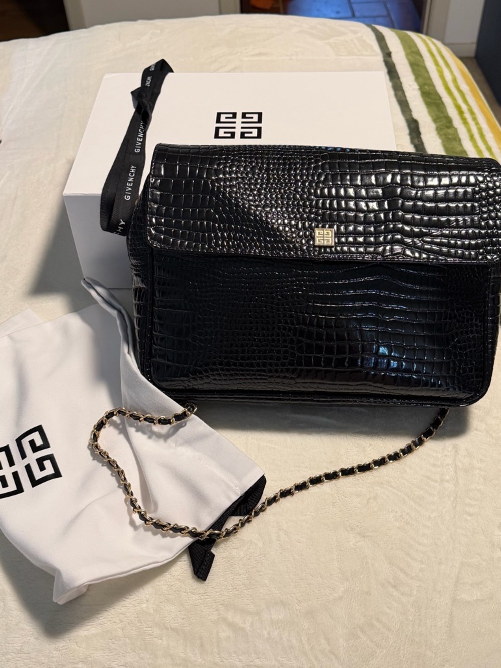 Givenchy Black Croc-Embossed Leather Crossbody with Gold Logo
